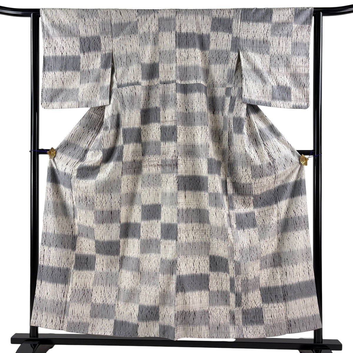 美品】 小紋 身丈156cm 裄丈62.5cm S 袷 紬地 変わり市松 絞り 灰色