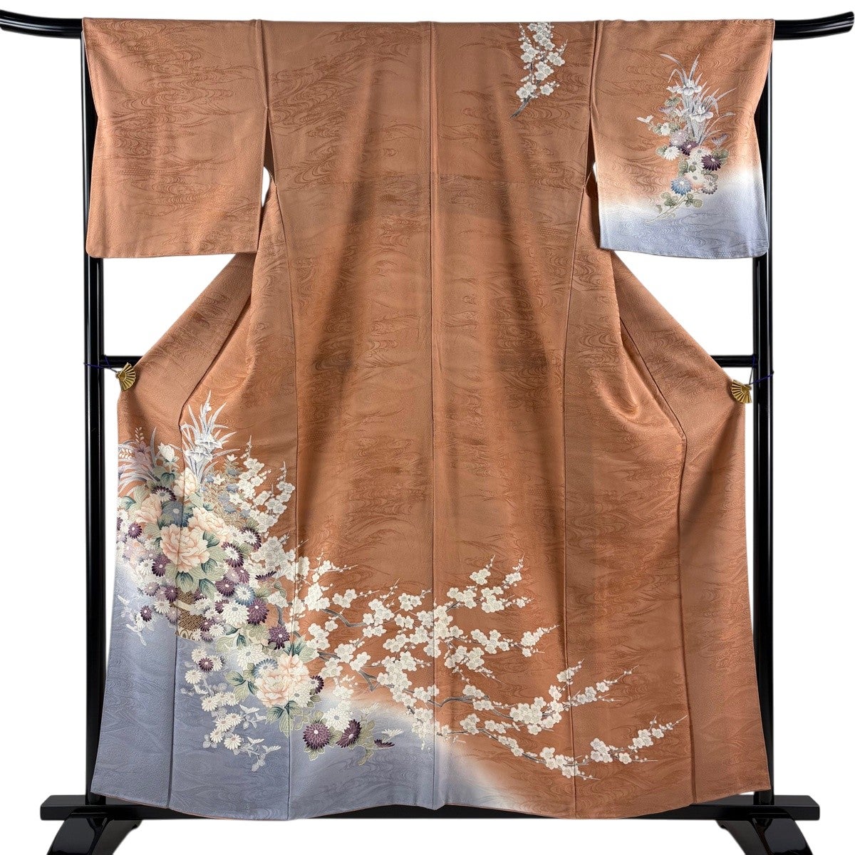 訪問着 身丈157.5cm 裄丈66.5cm M 袷 草花 花器 金彩 ぼかし 薄茶色