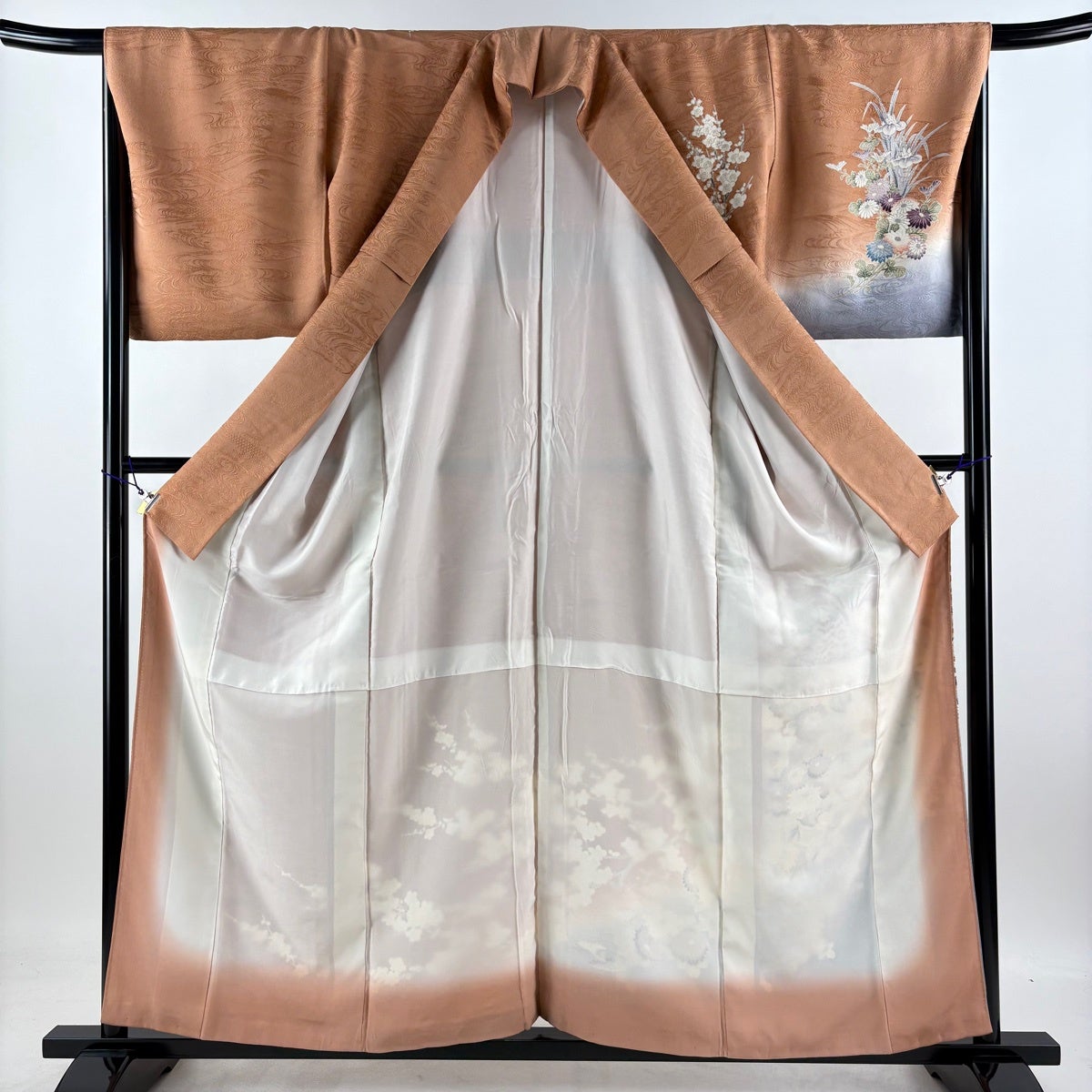 訪問着 身丈157.5cm 裄丈66.5cm M 袷 草花 花器 金彩 ぼかし 薄茶色