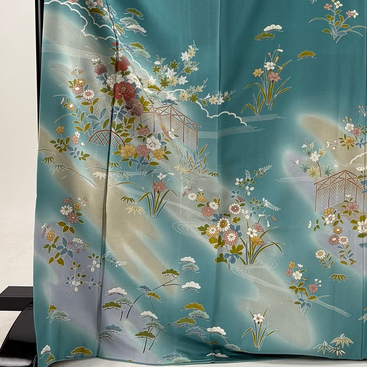 訪問着 身丈172.5cm 裄丈68cm L 袷 牡丹 草花 金彩 ぼかし 薄青緑 正絹