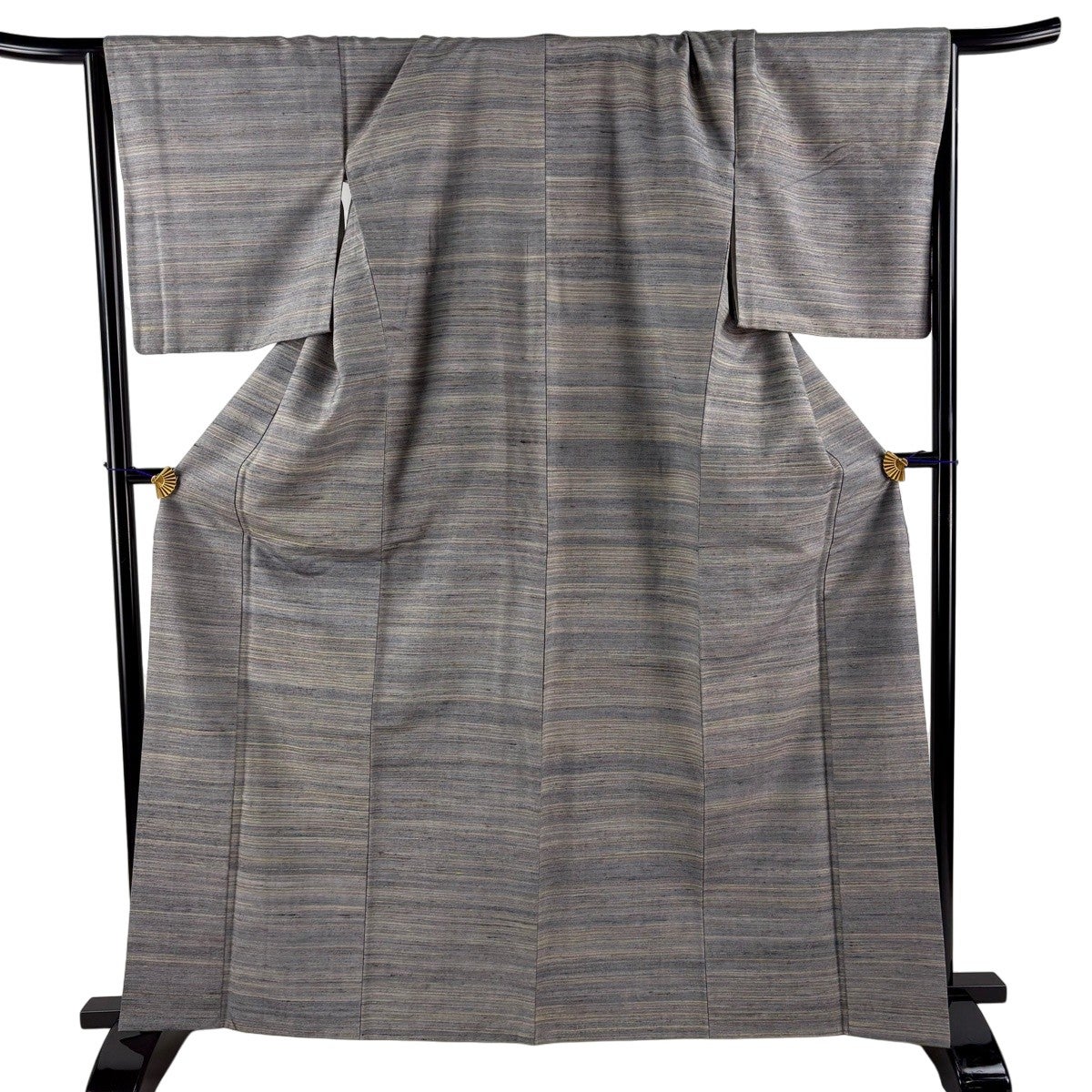 美品】 紬 身丈164cm 裄丈68.5cm L 袷 赤城紬 柿渋染 証紙あり 縞 灰色