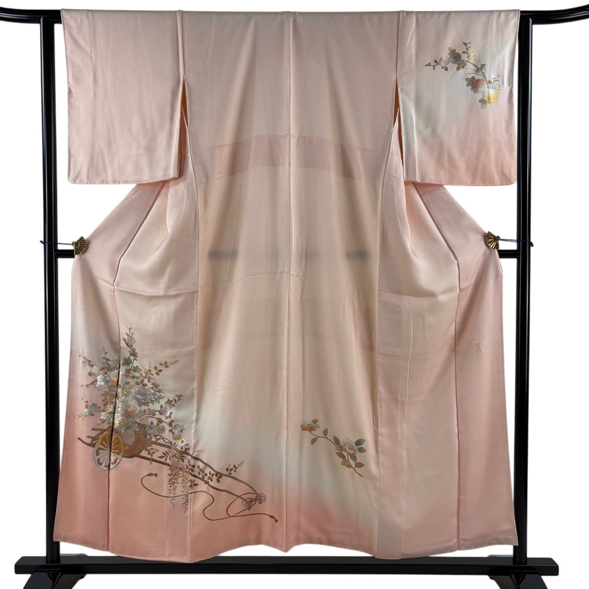 付下げ 身丈154cm 裄丈62cm S 袷 和田光正 落款あり 花車 金銀彩