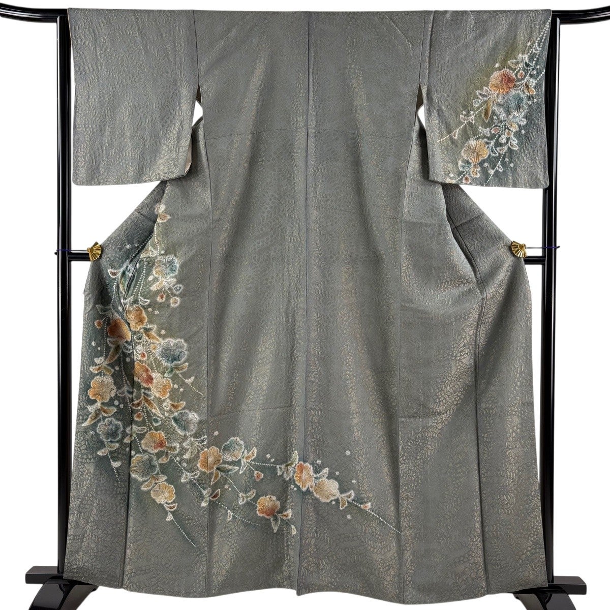 ニ*ニ様 未使用近い　新品　美品　袷　正絹　訪問着　フルセット　身丈159 裄丈 訪問着 身丈159cm 裄丈64cm M 袷 辻が花 金通し 金銀彩 灰緑 正絹 名品