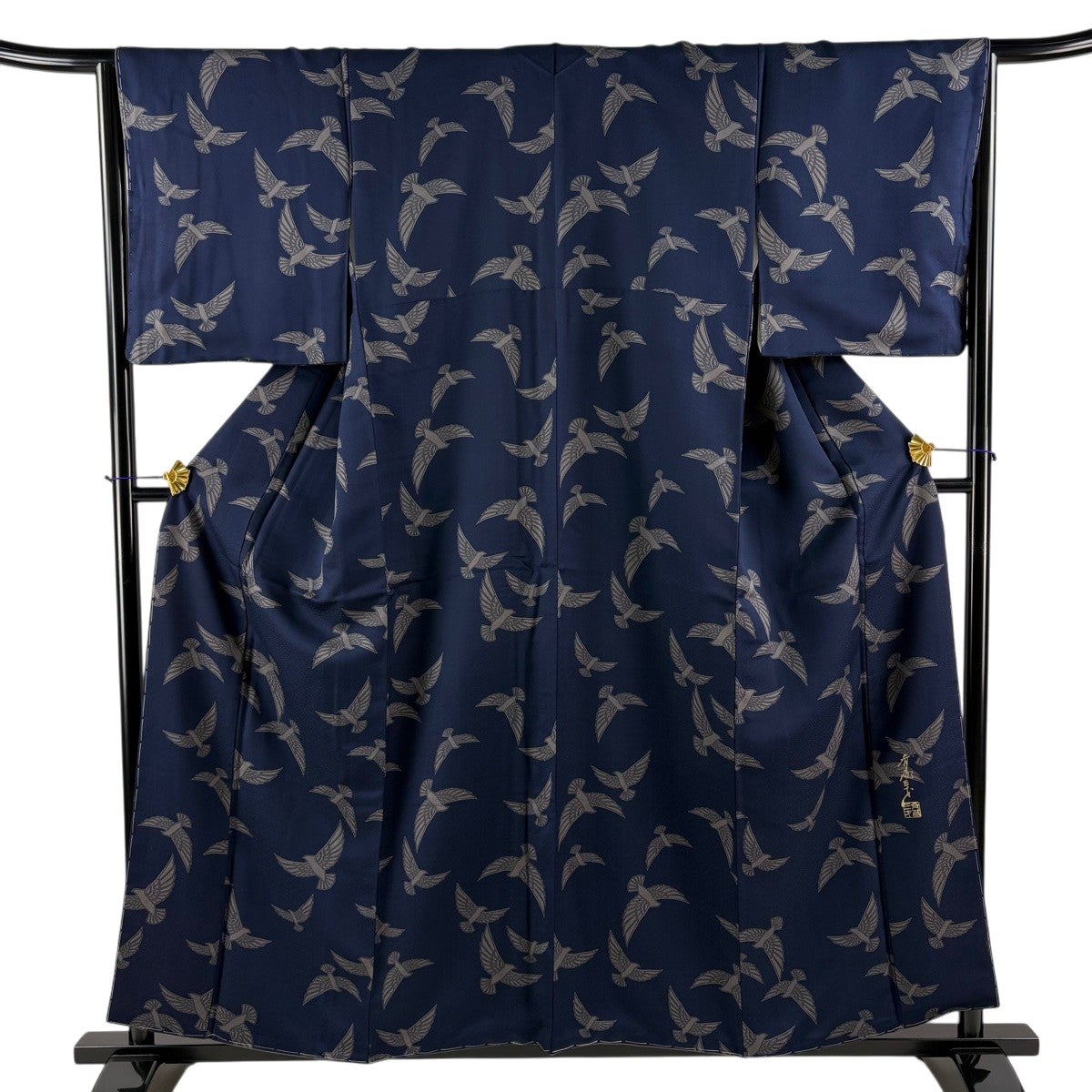 ★専用★美品 小紋 墨流し 鉄紺色 身丈170.0cm 裄丈69.0cm 袷 小紋 身丈157.5cm 裄丈65cm M 袷 斉藤三才 落款あり 鳥 紺色 正絹 名品