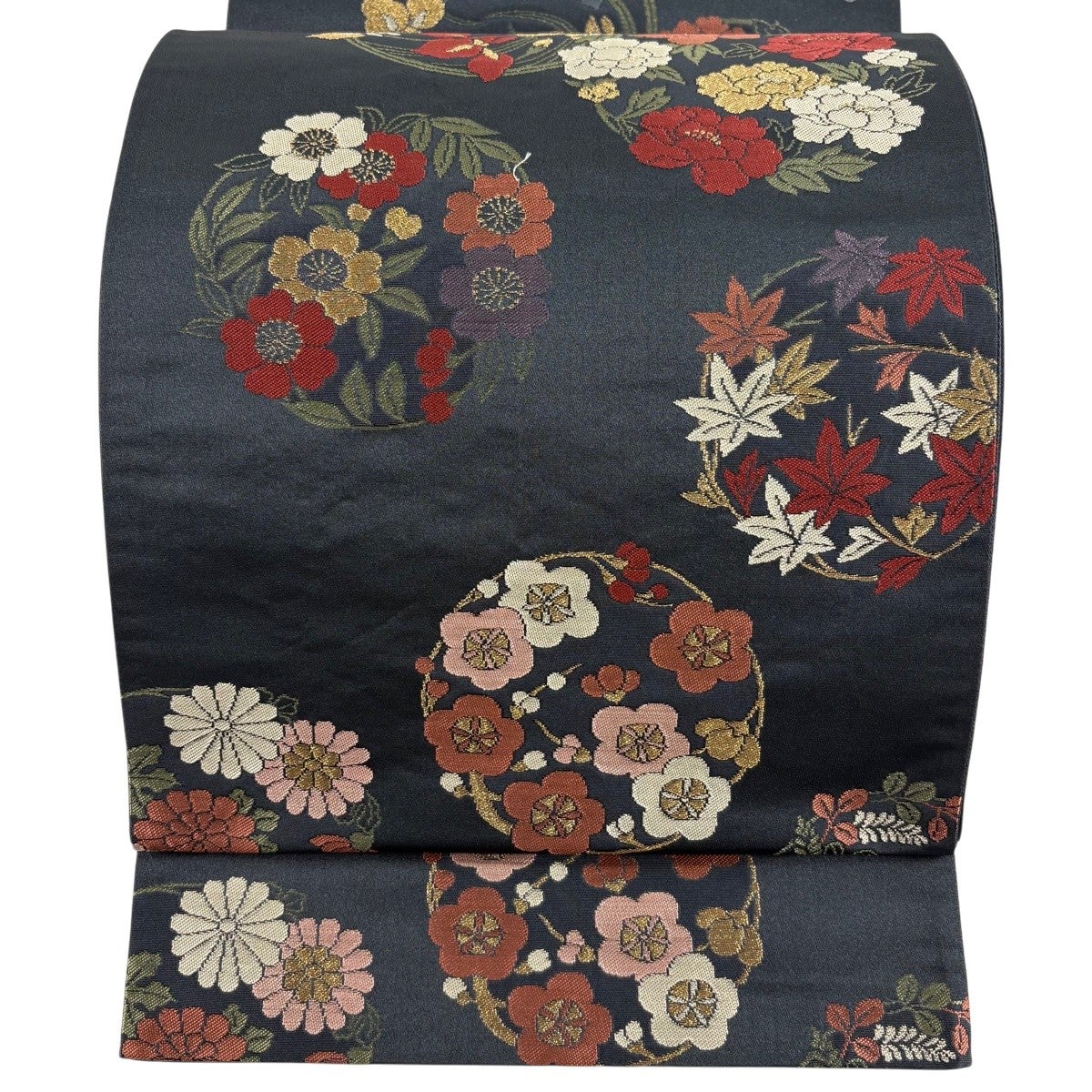 美品】 袋名古屋帯 秀品 花丸文 金糸 墨色 正絹｜中古・古着