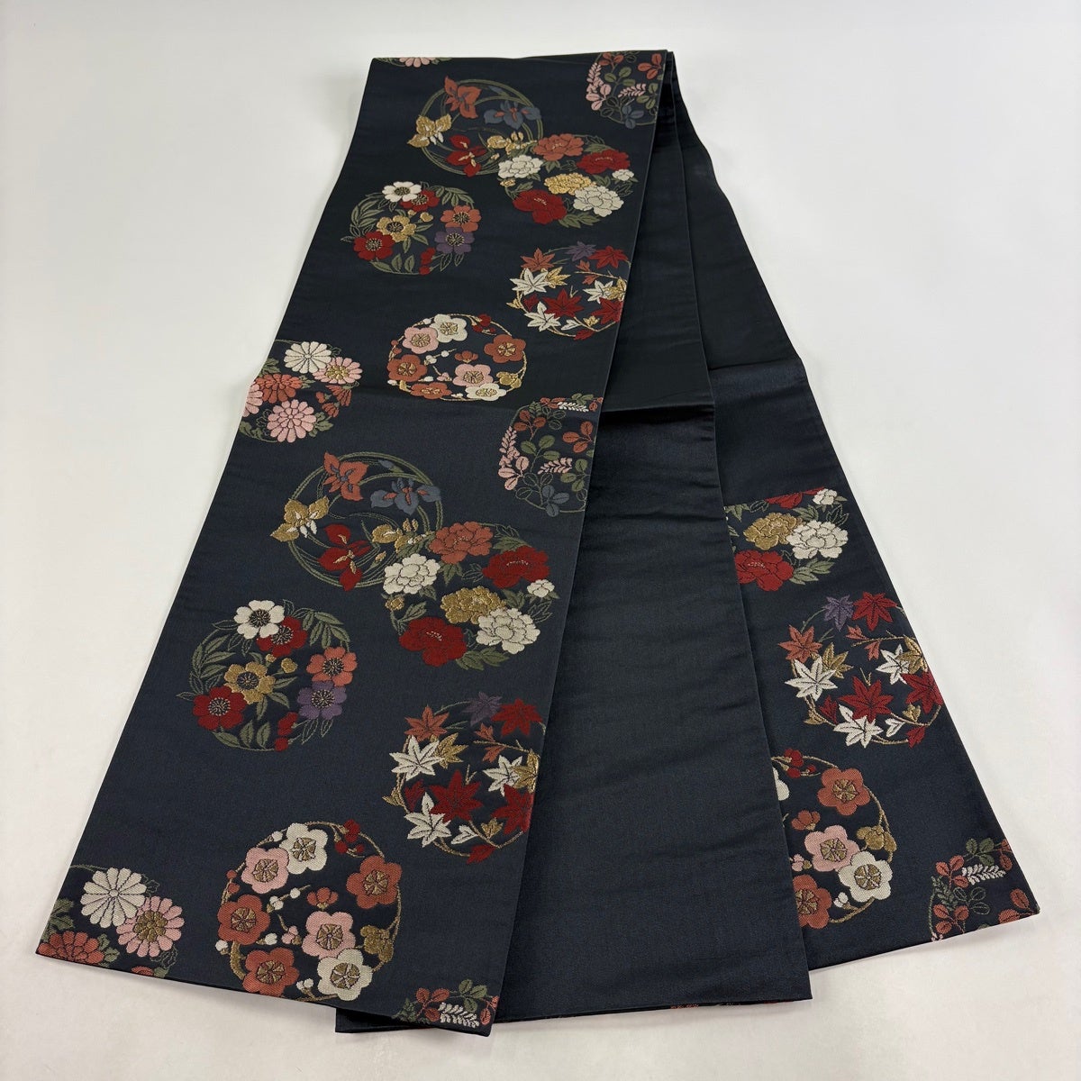 美品】 袋名古屋帯 秀品 花丸文 金糸 墨色 正絹｜中古・古着