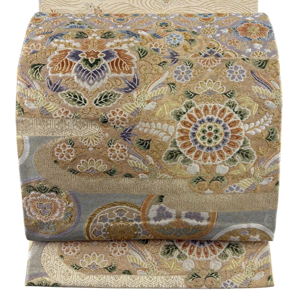 最終価格】 70%OFF 袋帯 秀品 華文 花鳥 金糸 箔 金色 六通 正絹 K70