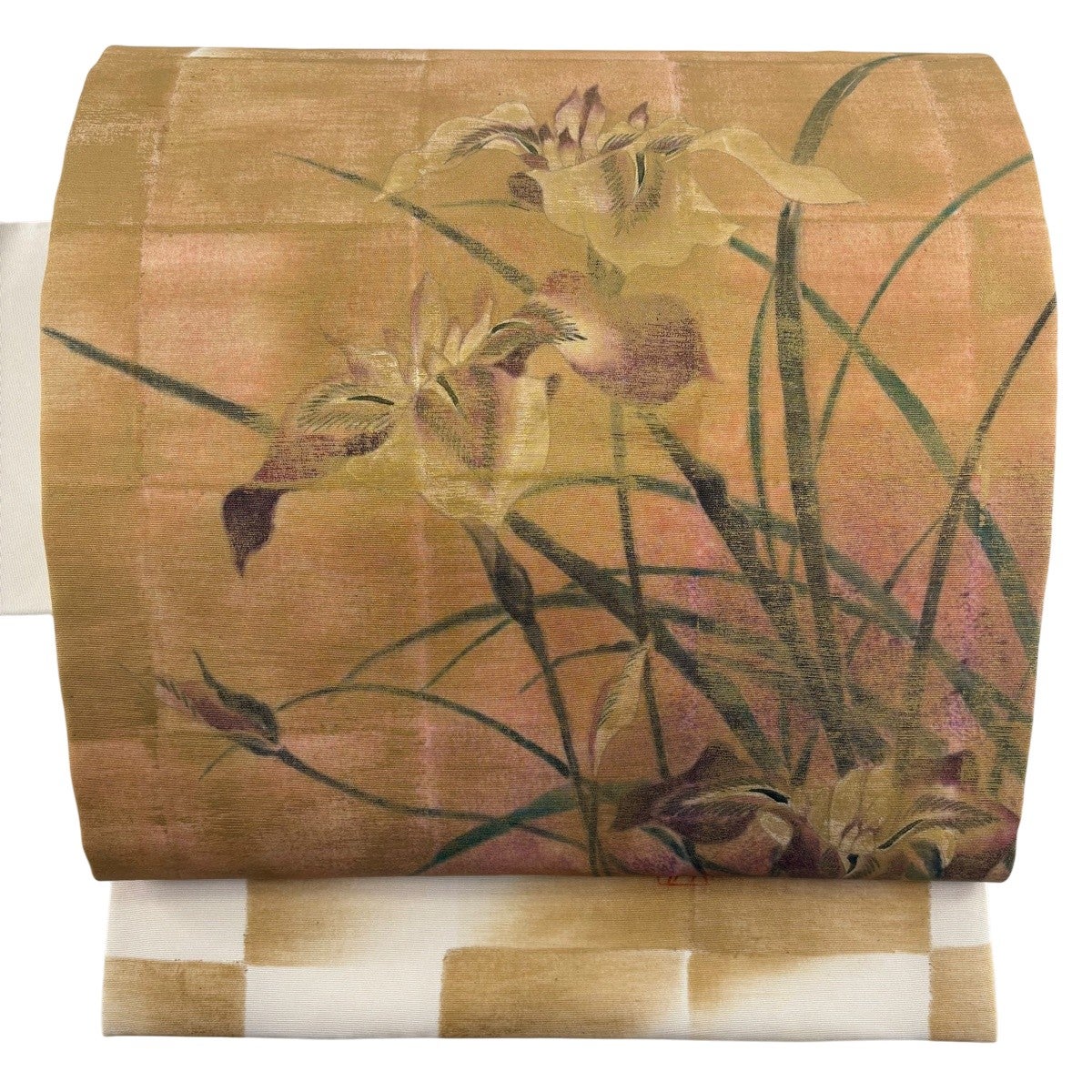 美品】 名古屋帯 秀品 落款あり 菖蒲 金彩 黄土色 正絹｜中古・古着