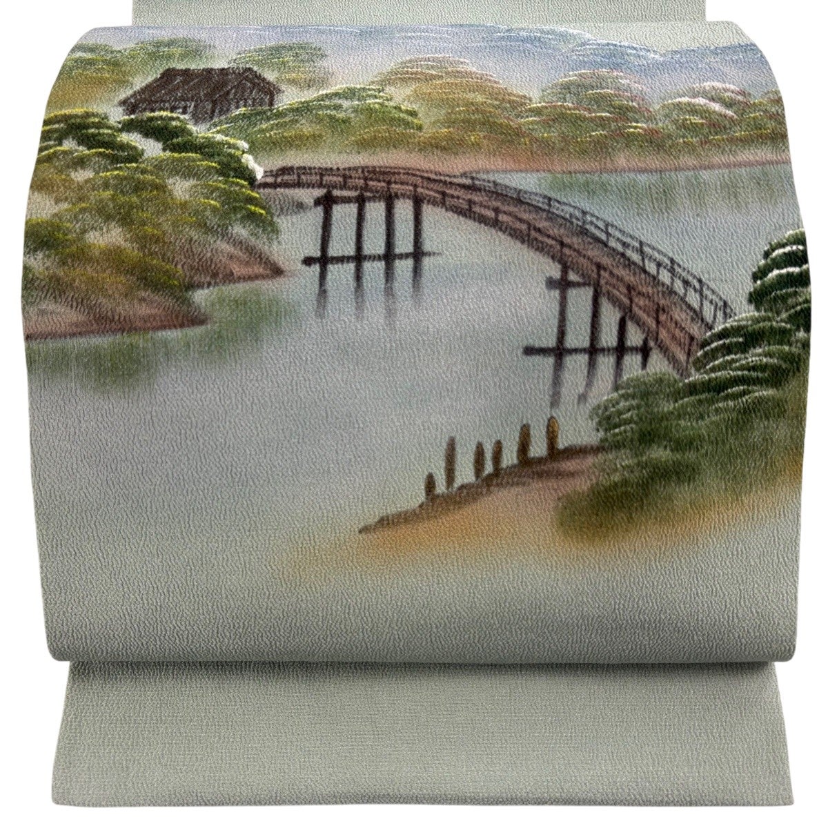 開き名古屋帯 秀品 風景 橋 縮緬 金彩 灰緑 正絹｜中古・古着