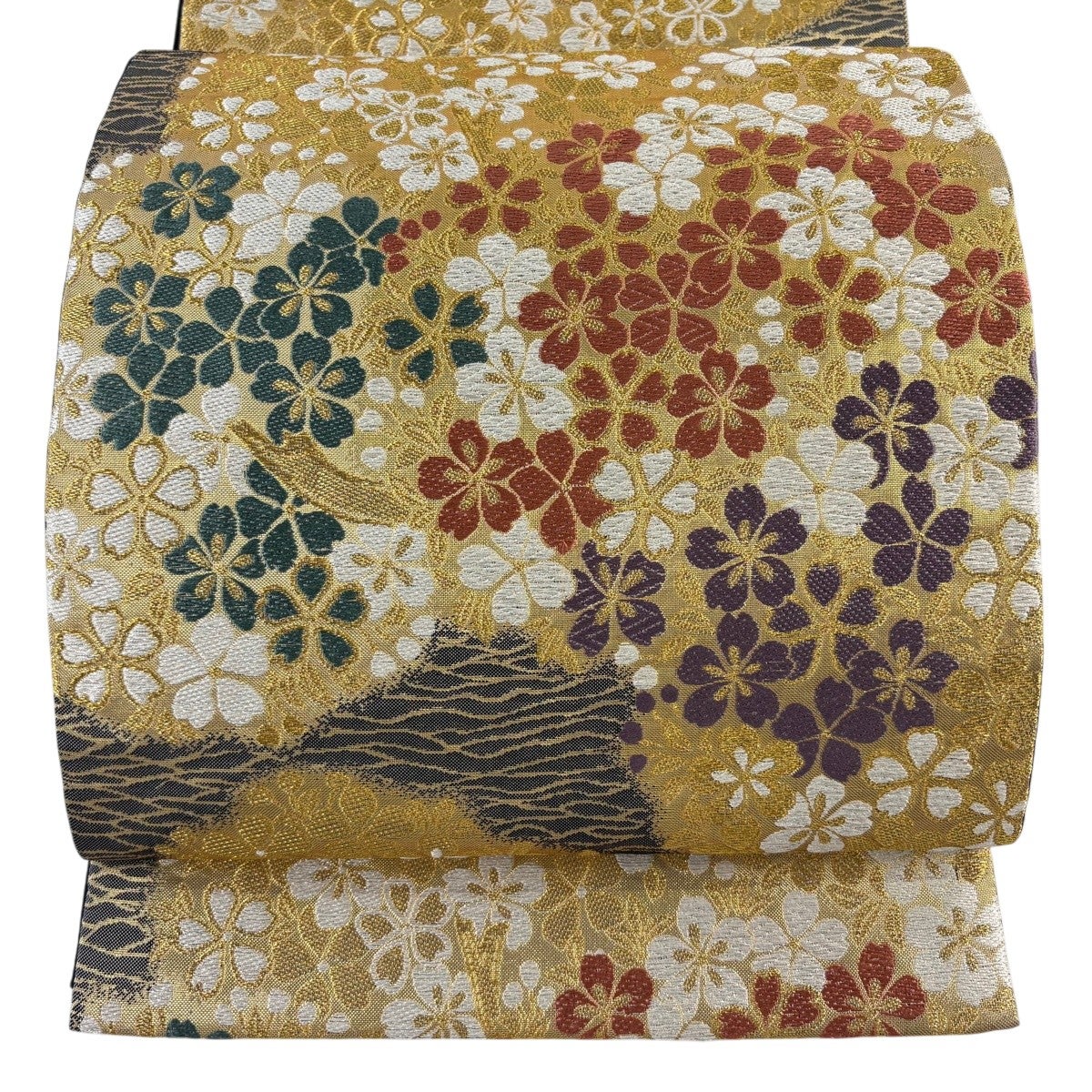 袋帯 秀品 桜 流水 金銀糸 箔 ベージュ 六通 正絹｜中古・古着