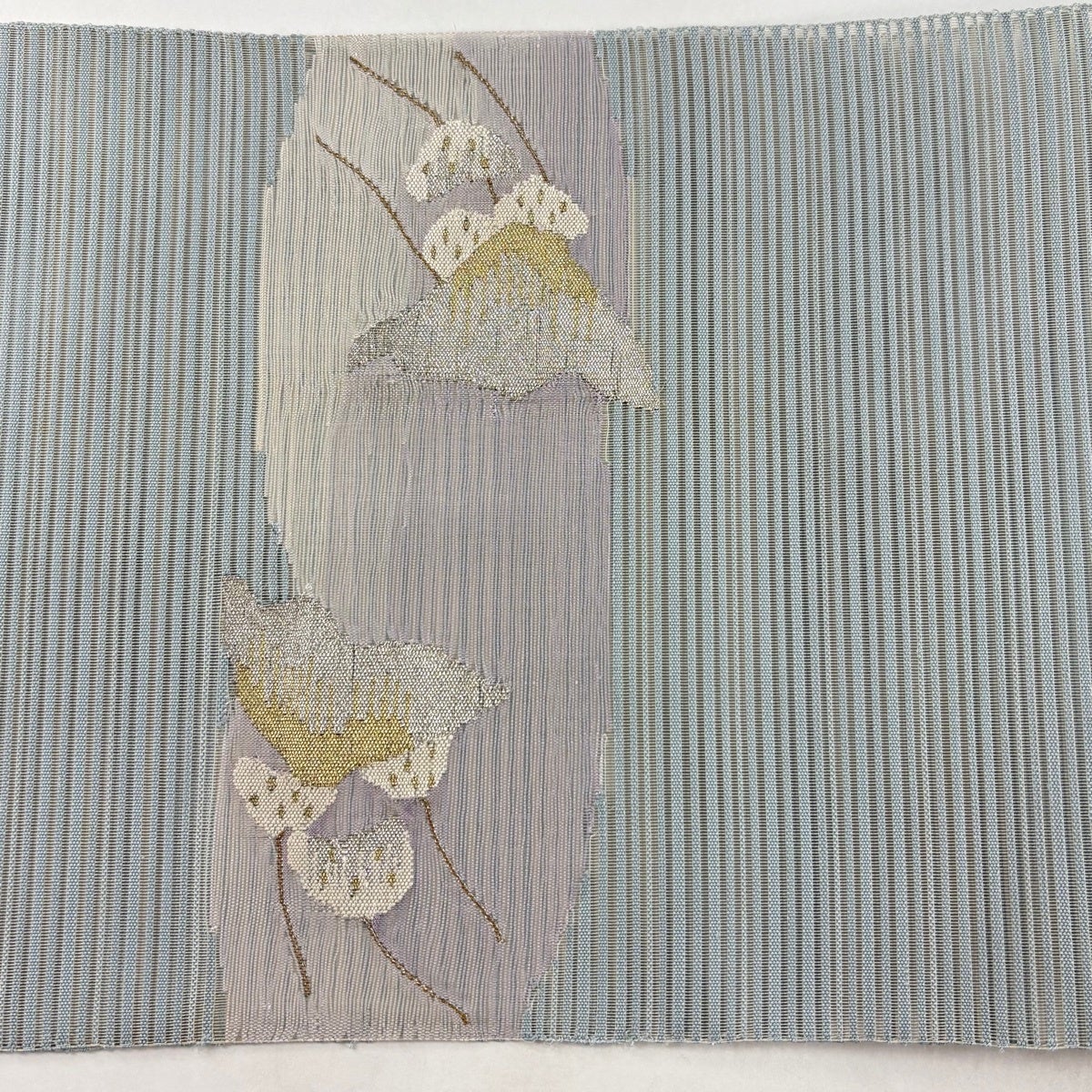 美品】 名古屋帯 秀品 夏帯 絽 山 草花 金銀糸 青灰色 正絹｜中古