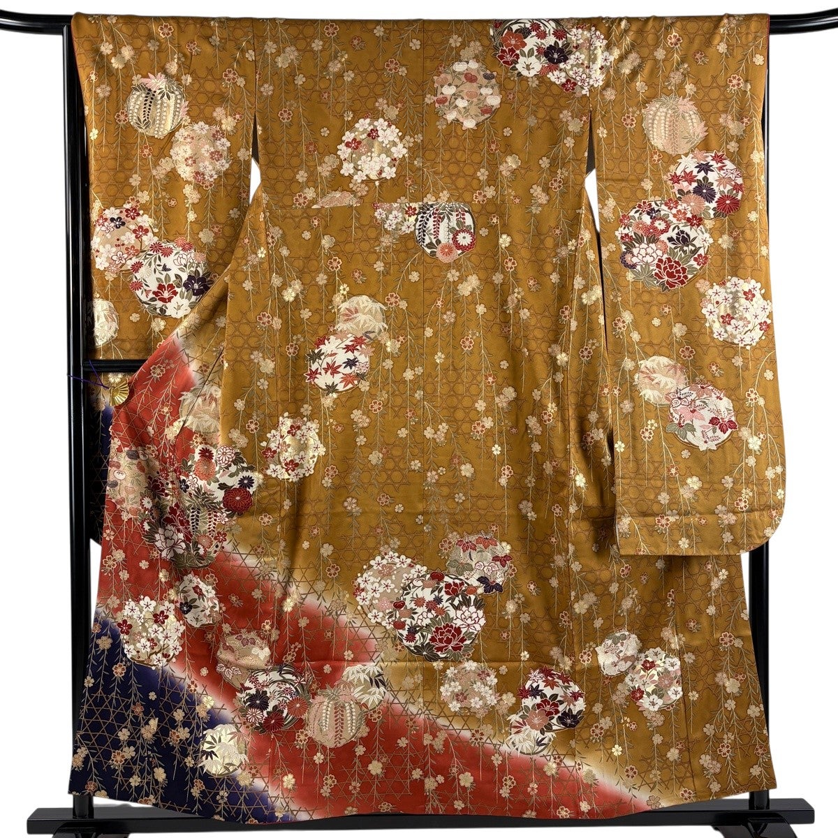 振袖 身丈156.5cm 裄丈66cm M 袷 花丸文 籠目 金彩 ぼかし 山吹茶色