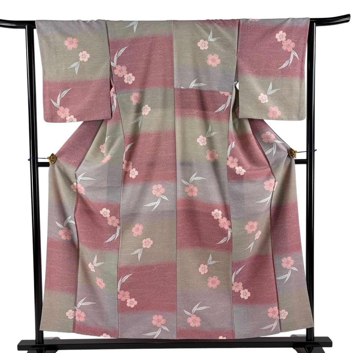 小紋 身丈155cm 裄丈64cm M 袷 バチ衿 桜 段縞 灰緑 化繊 優品｜中古