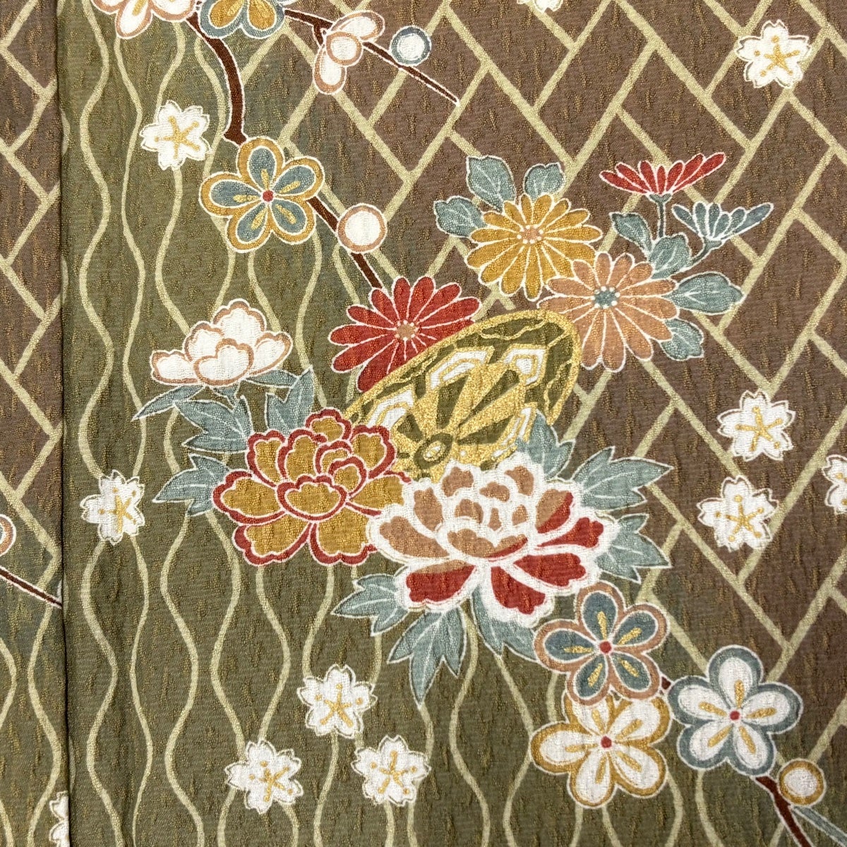 美品】 小紋 身丈170cm 裄丈69cm L 袷 草花 籠目 灰緑 化繊 優品｜中古
