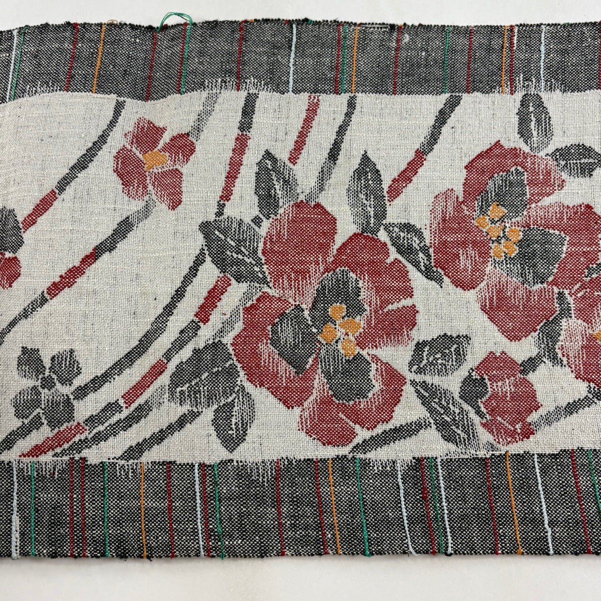 名古屋帯 優品 八寸名古屋帯 松葉仕立て 草花 縞 クリーム 正絹｜中古
