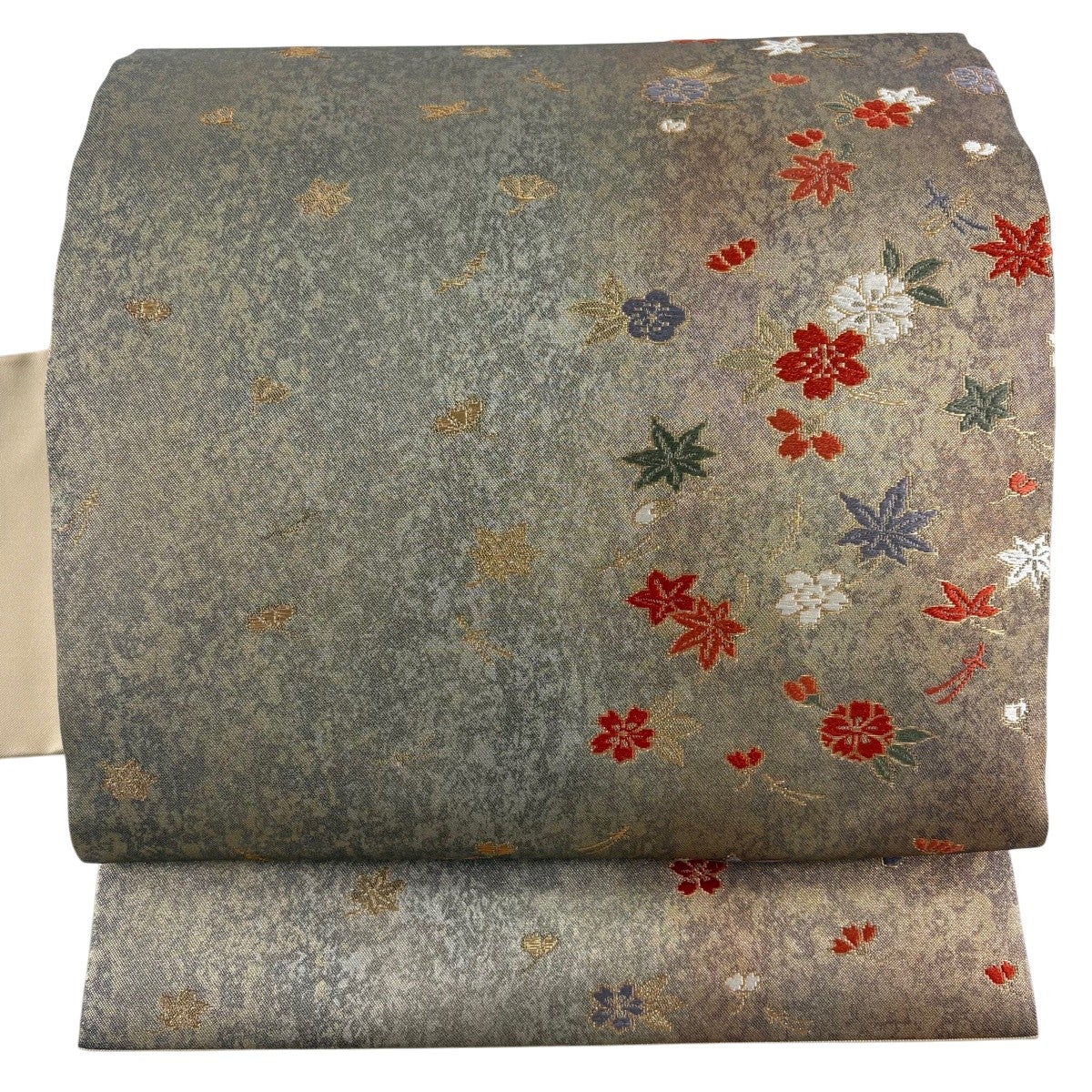 E 美品 桜に雪兎模様 銀通し 金彩 全通 正絹 カジュアルな名古屋帯 美品】 名古屋帯 優品 関西仕立て 桜 楓 箔 金糸 灰緑 正絹｜中古
