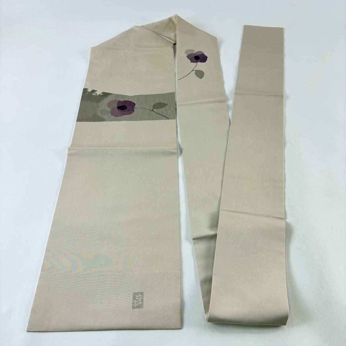 名古屋帯 名品 落款あり 高久空木 塩瀬 草花 ベージュ 正絹｜中古