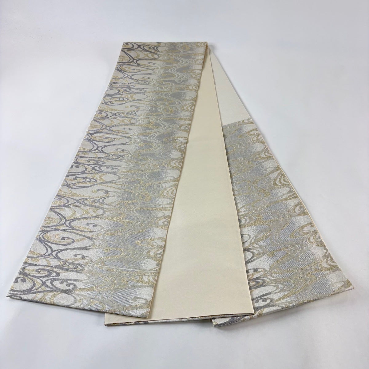 美品】 袋帯 名品 流水 金糸 箔 灰白 六通 正絹｜中古・古着