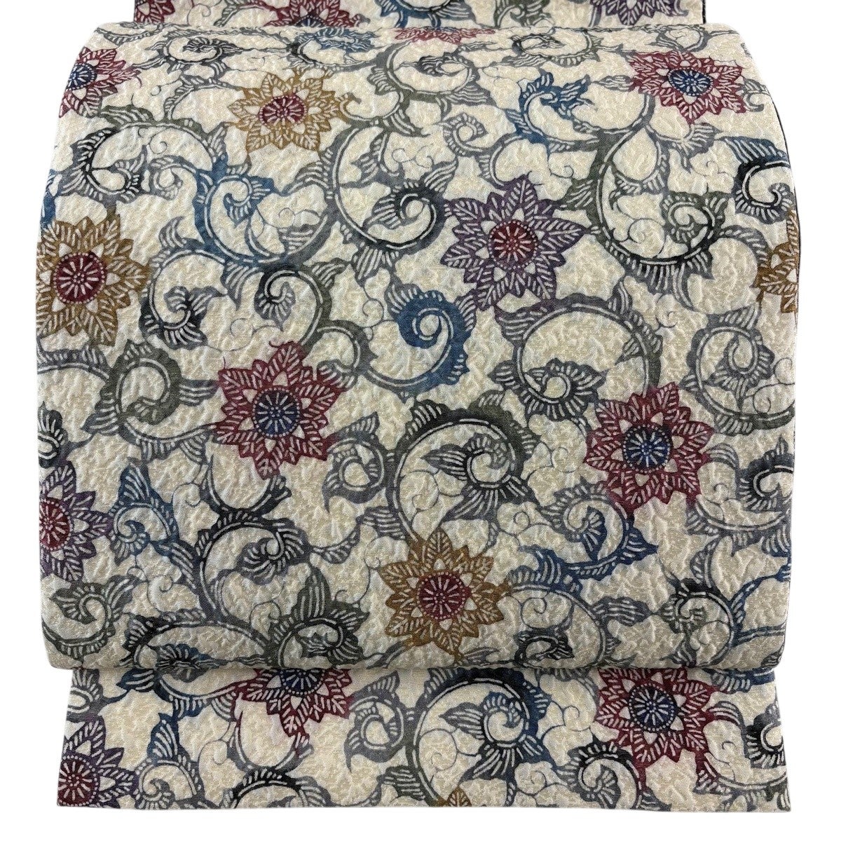 美品】 袋帯 名品 リバーシブル 花唐草 うさぎ 金糸 ふくれ織 クリーム