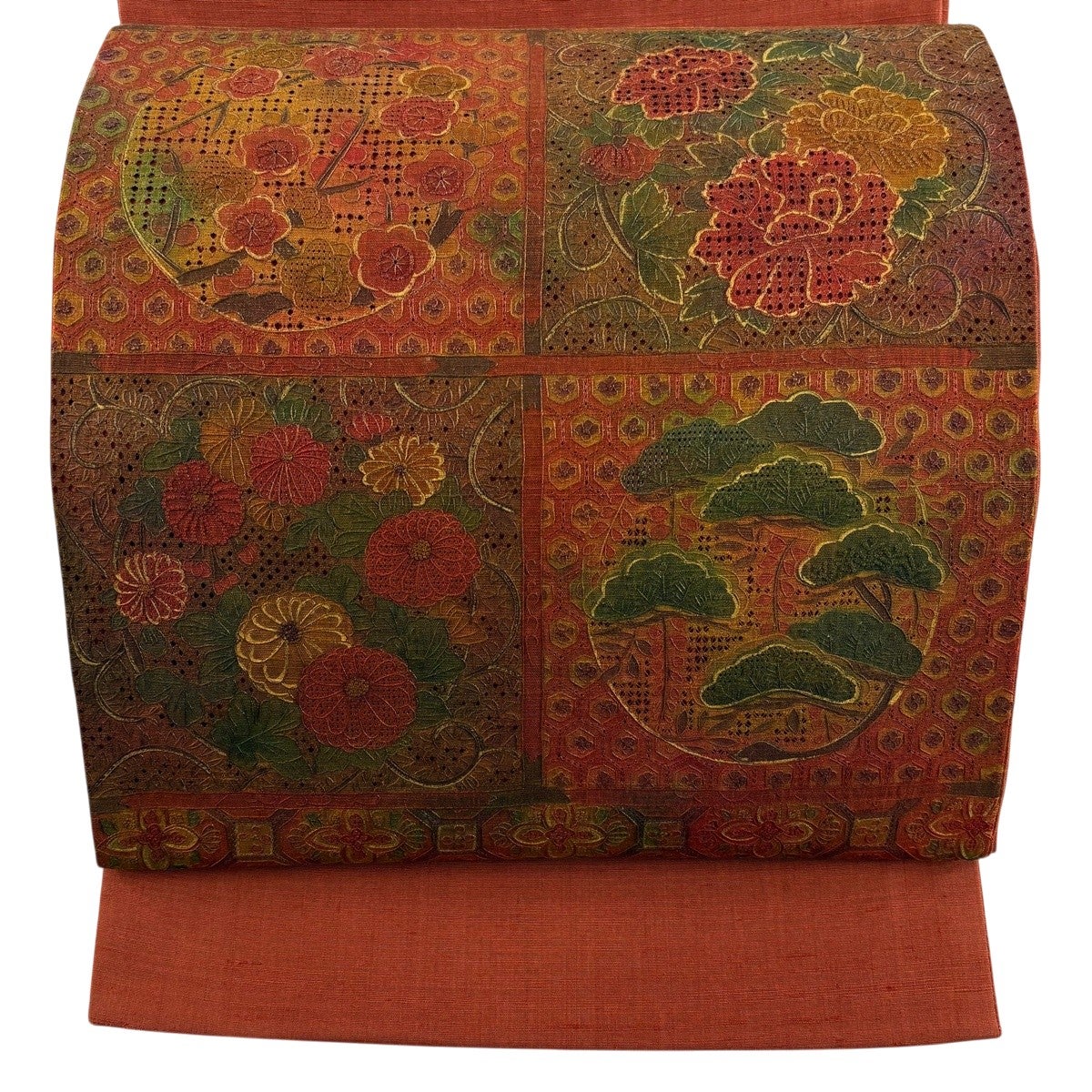 美品】 袋帯 秀品 紬地 花丸文 松梅 刺繍 金彩 朱色 お太鼓柄 正絹