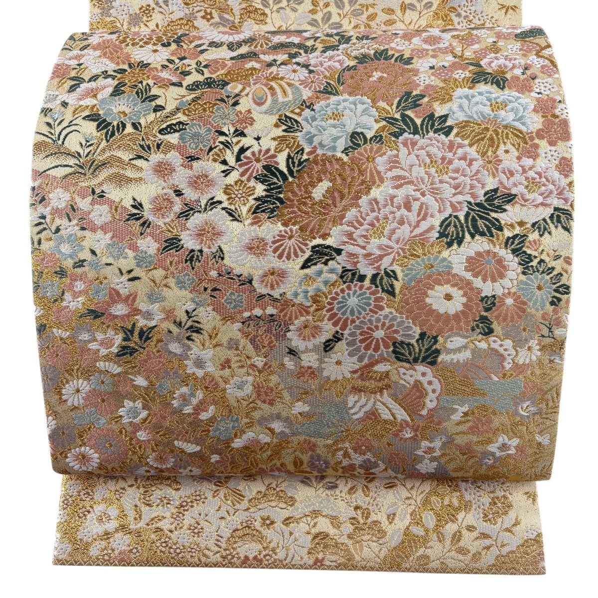 美品】 袋帯 秀品 関西仕立て 草花 鳥 金糸 箔 金色 六通 正絹｜中古