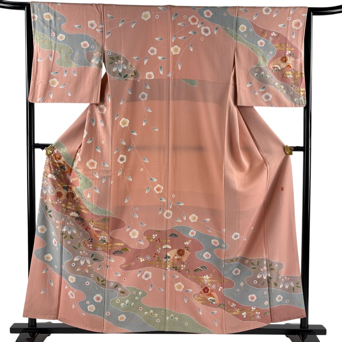 訪問着 身丈158cm 裄丈64cm M 袷 落款あり 扇 松竹梅 刺繍 金彩 ピンク