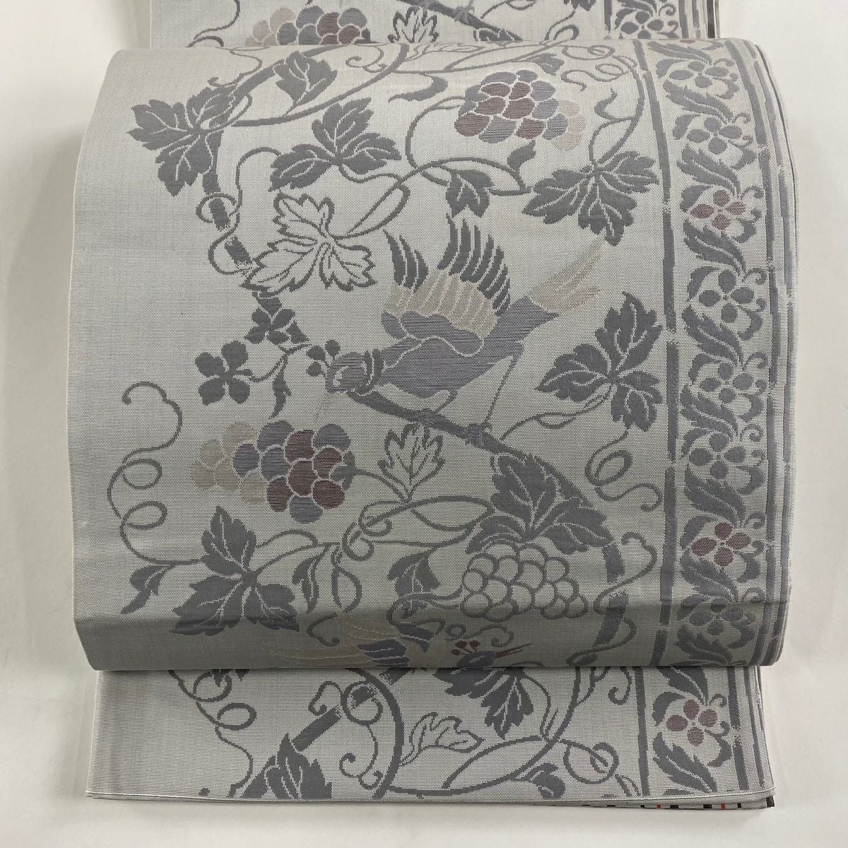 袋名古屋帯 美品 秀品 美保姿 葡萄唐草 鳥 灰色 正絹｜中古・古着