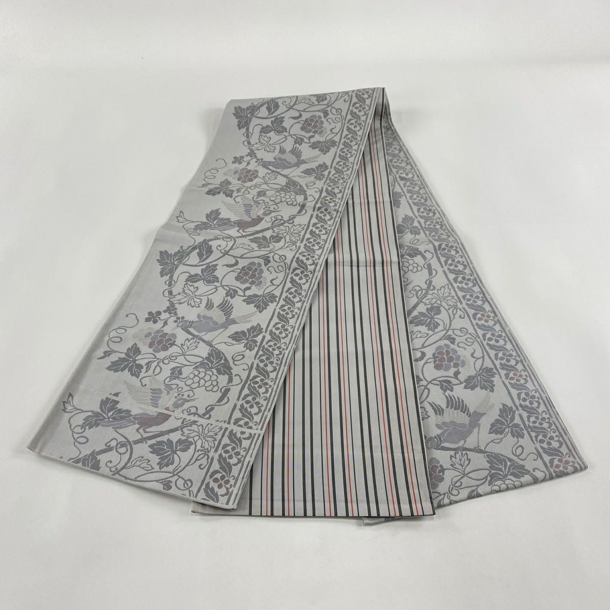 袋名古屋帯 美品 秀品 美保姿 葡萄唐草 鳥 灰色 正絹｜中古・古着