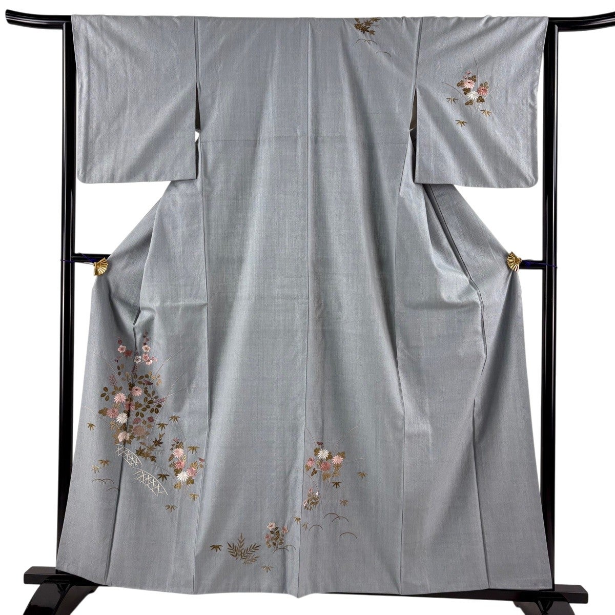 訪問着 身丈160cm 裄丈64cm M 袷 菊 枝垂れ桜 金糸 刺繍 青灰色 正絹