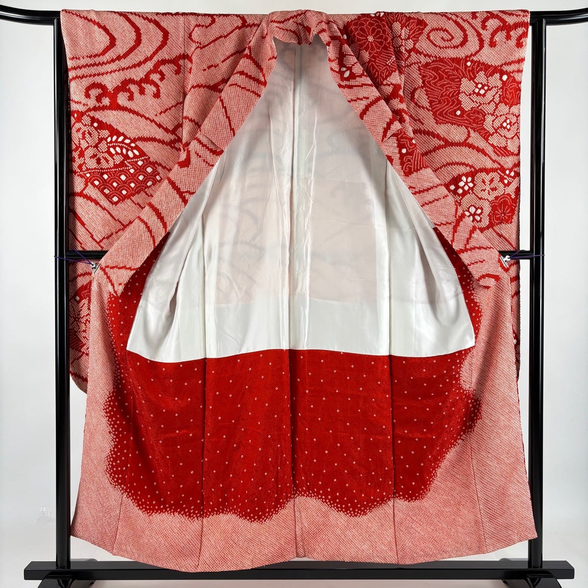 美品】 振袖 身丈153cm 裄丈63.5cm S 袷 扇面 草花 総絞り 朱色 正絹