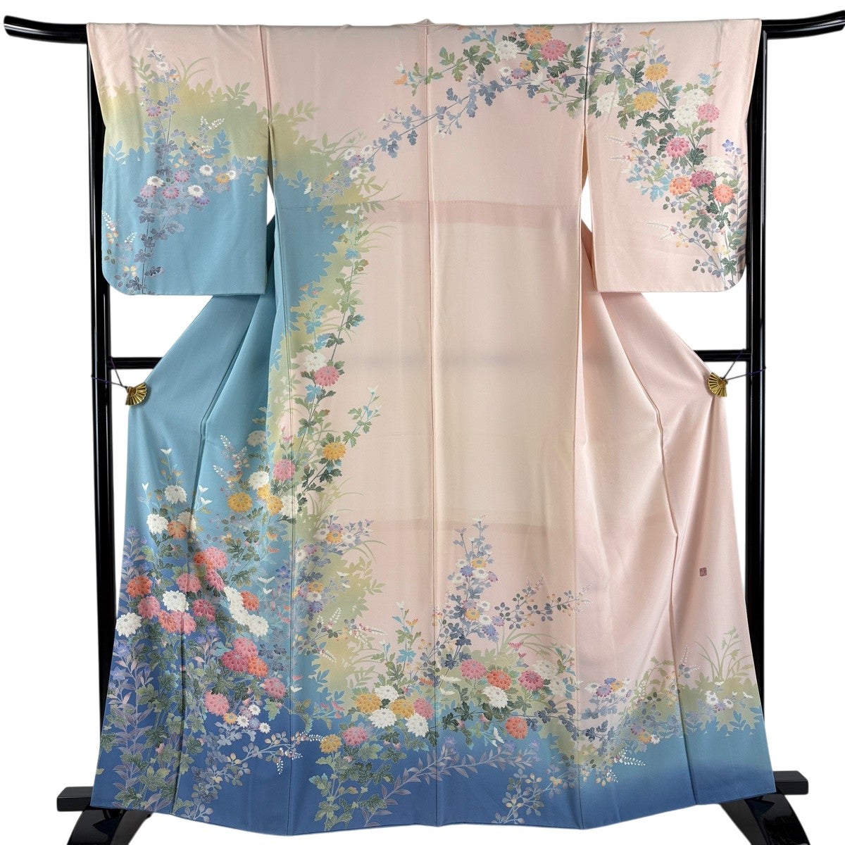 訪問着 身丈161.5cm 裄丈65cm M 袷 落款あり 菊 染め分け 水色 正絹 秀