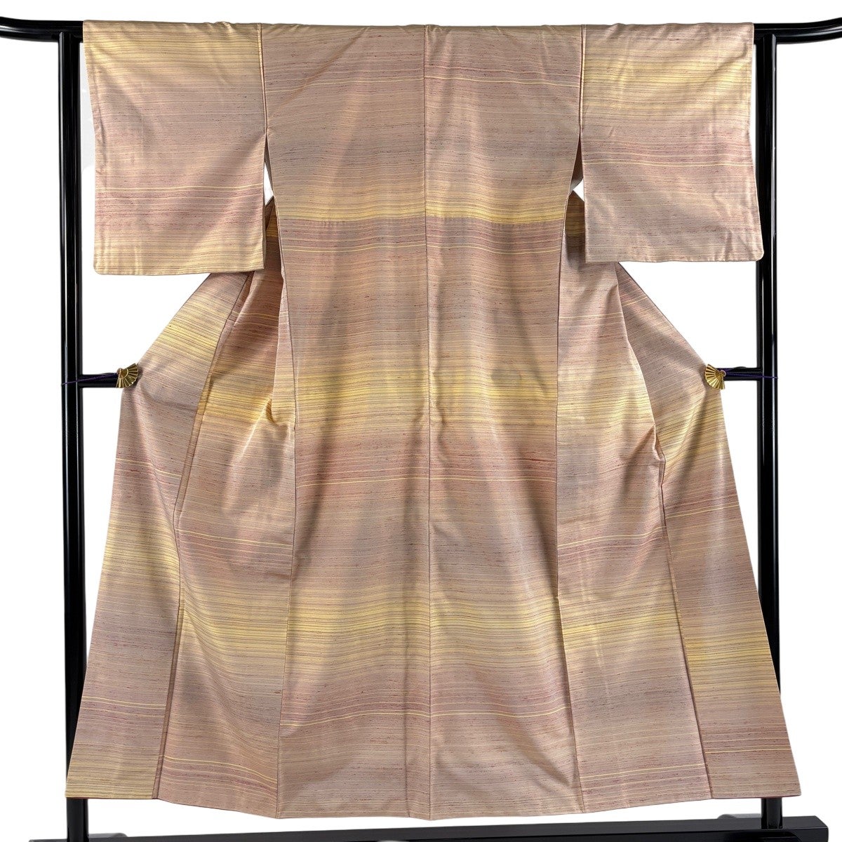 紬 身丈151cm 裄丈62cm S 袷 縞 薄オレンジ 正絹 秀品｜中古・古着