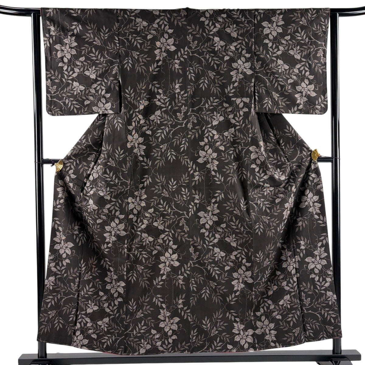 美品】 紬 身丈155.5cm 裄丈63.5cm S 袷 草花 焦茶色 正絹 秀品｜中古
