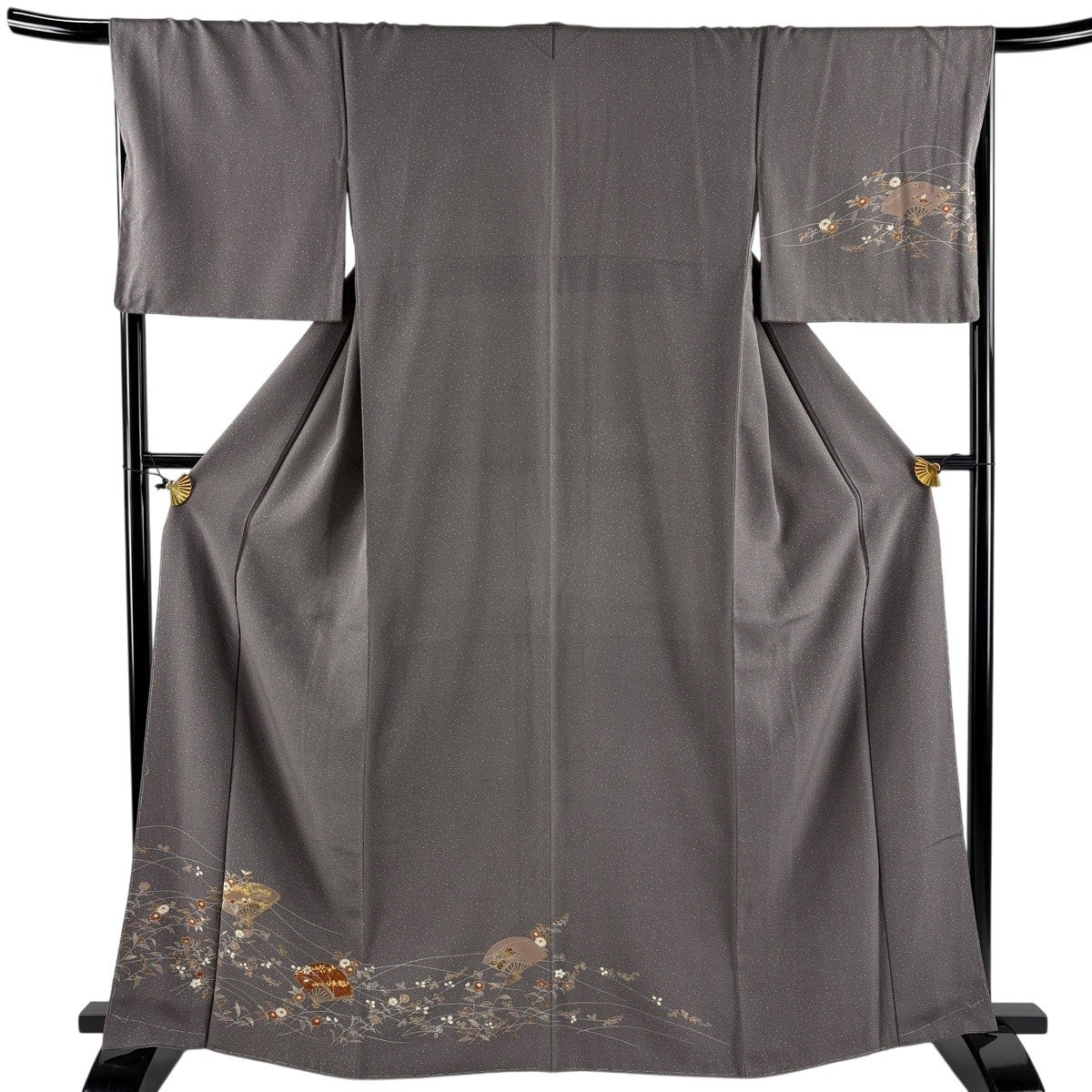 美品】 付下げ 身丈164.5cm 裄丈68.5cm L 袷 扇 秋草 金彩 灰色 正絹