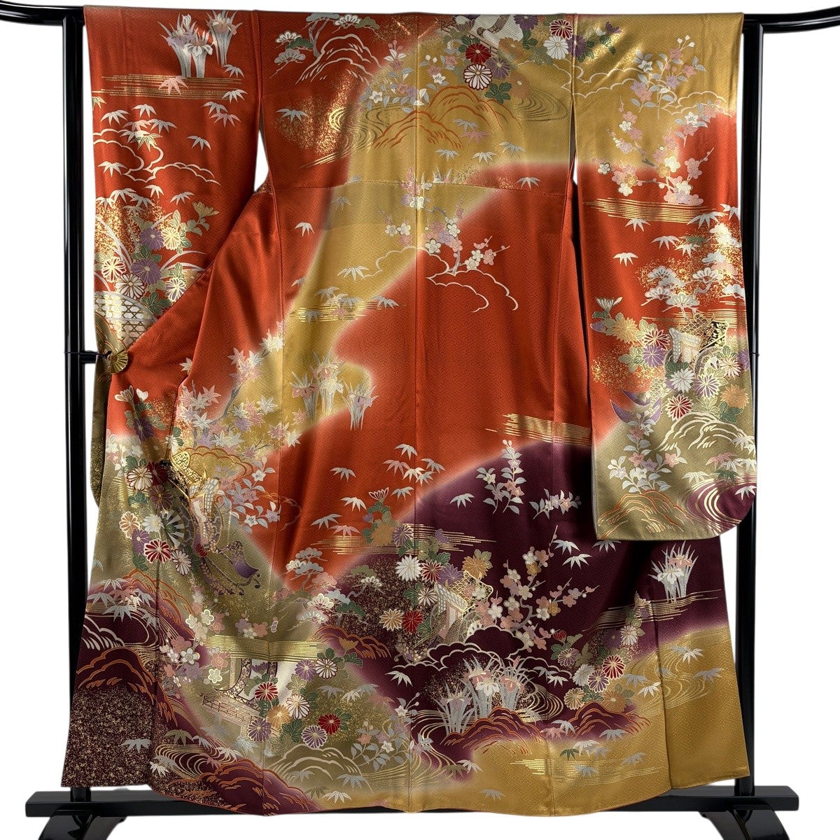 振袖 身丈159cm 裄丈62.5cm S 袷 御所車 菊 金糸 金彩 朱色 正絹 秀品