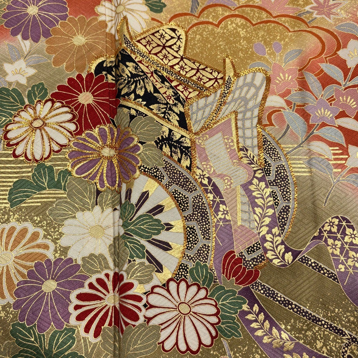 振袖 身丈159cm 裄丈62.5cm S 袷 御所車 菊 金糸 金彩 朱色 正絹 秀品