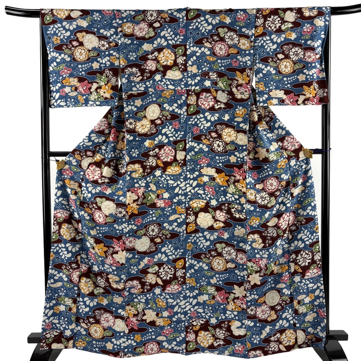 付下げ 身丈157.5cm 裄丈66cm M 袷 草花 網干 縮緬 青灰色 正絹 秀品