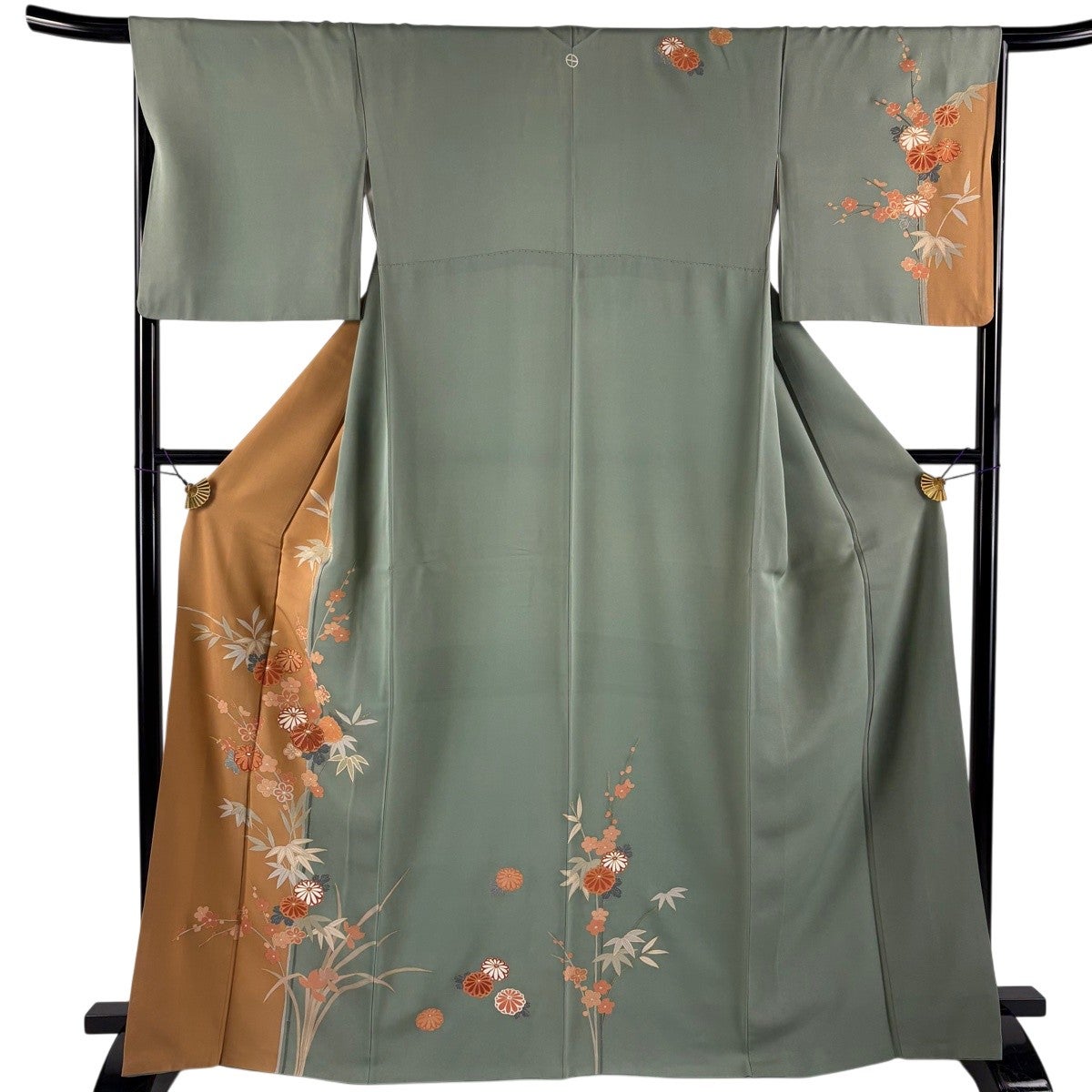 訪問着 身丈166.5cm 裄丈66cm M 袷 菊 梅 金糸 金彩 灰緑 正絹 秀品 一