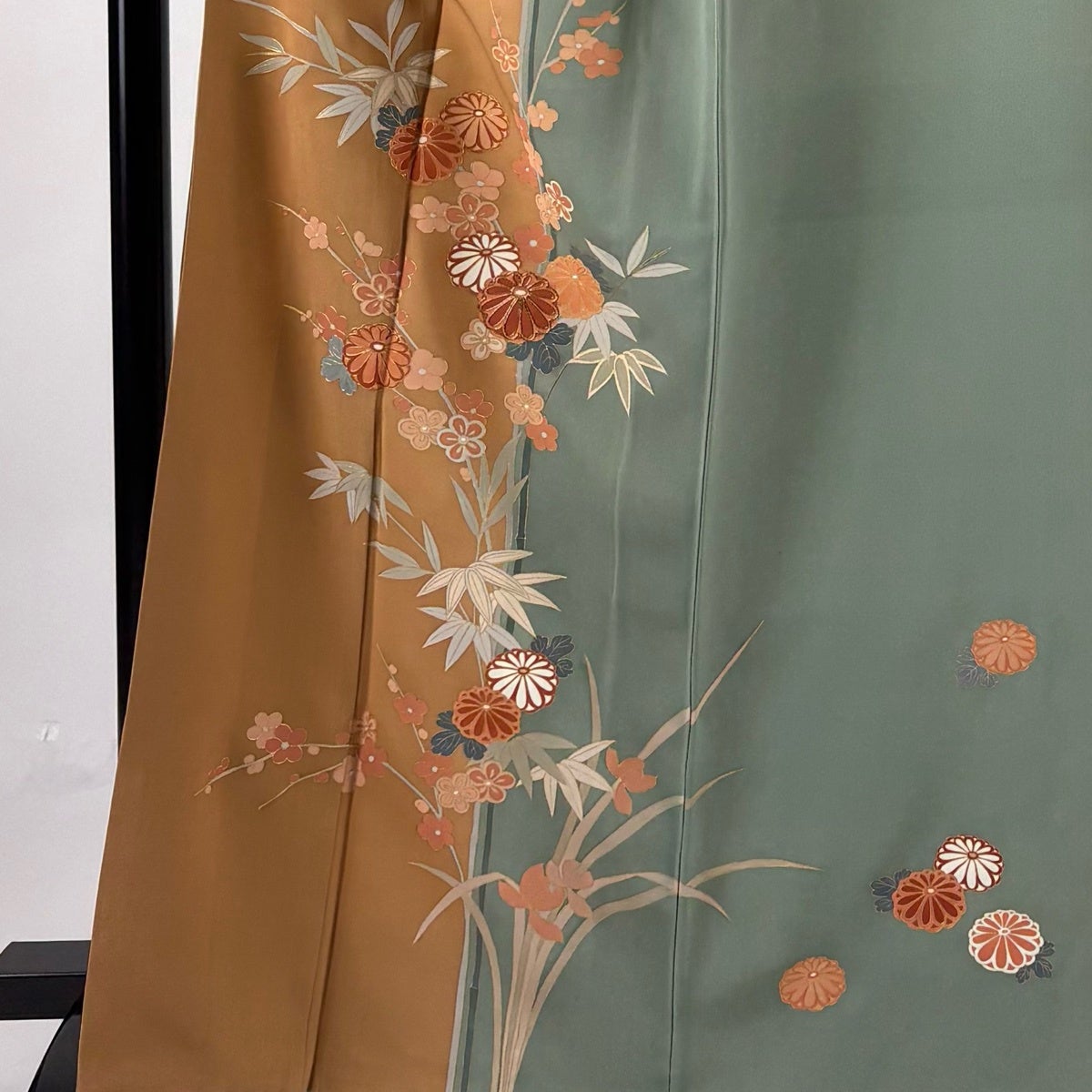 訪問着 身丈166.5cm 裄丈66cm M 袷 菊 梅 金糸 金彩 灰緑 正絹 秀品 一