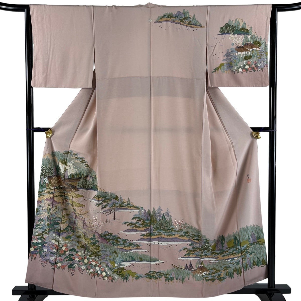 美品】 訪問着 身丈158.5cm 裄丈63.5cm S 袷 落款あり 風景 建物 刺繍