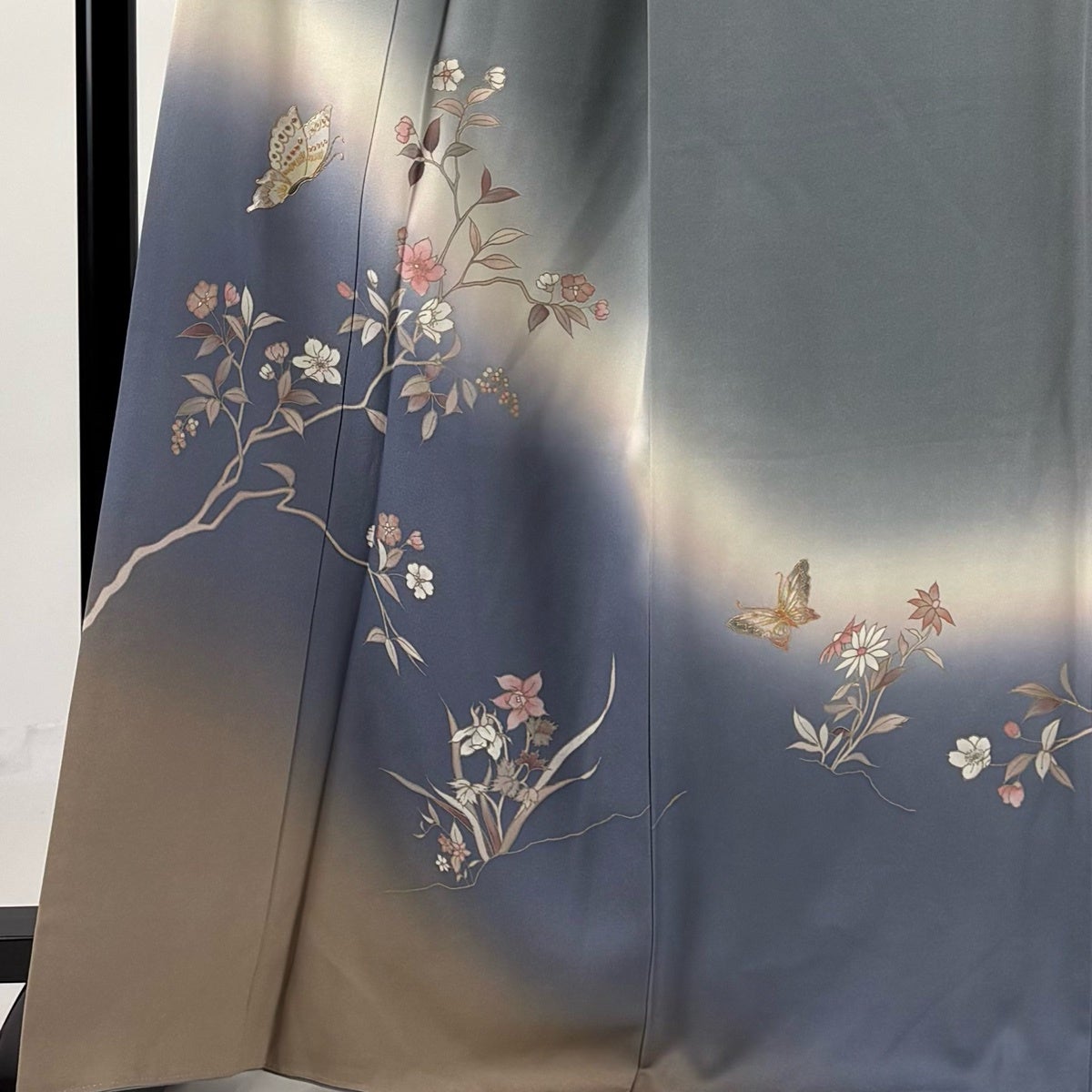 訪問着 身丈166.5cm 裄丈67.5cm L 袷 蝶 枝花 金糸 刺繍 青灰色 正絹
