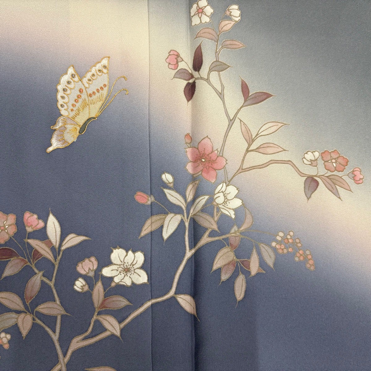 訪問着 身丈166.5cm 裄丈67.5cm L 袷 蝶 枝花 金糸 刺繍 青灰色 正絹