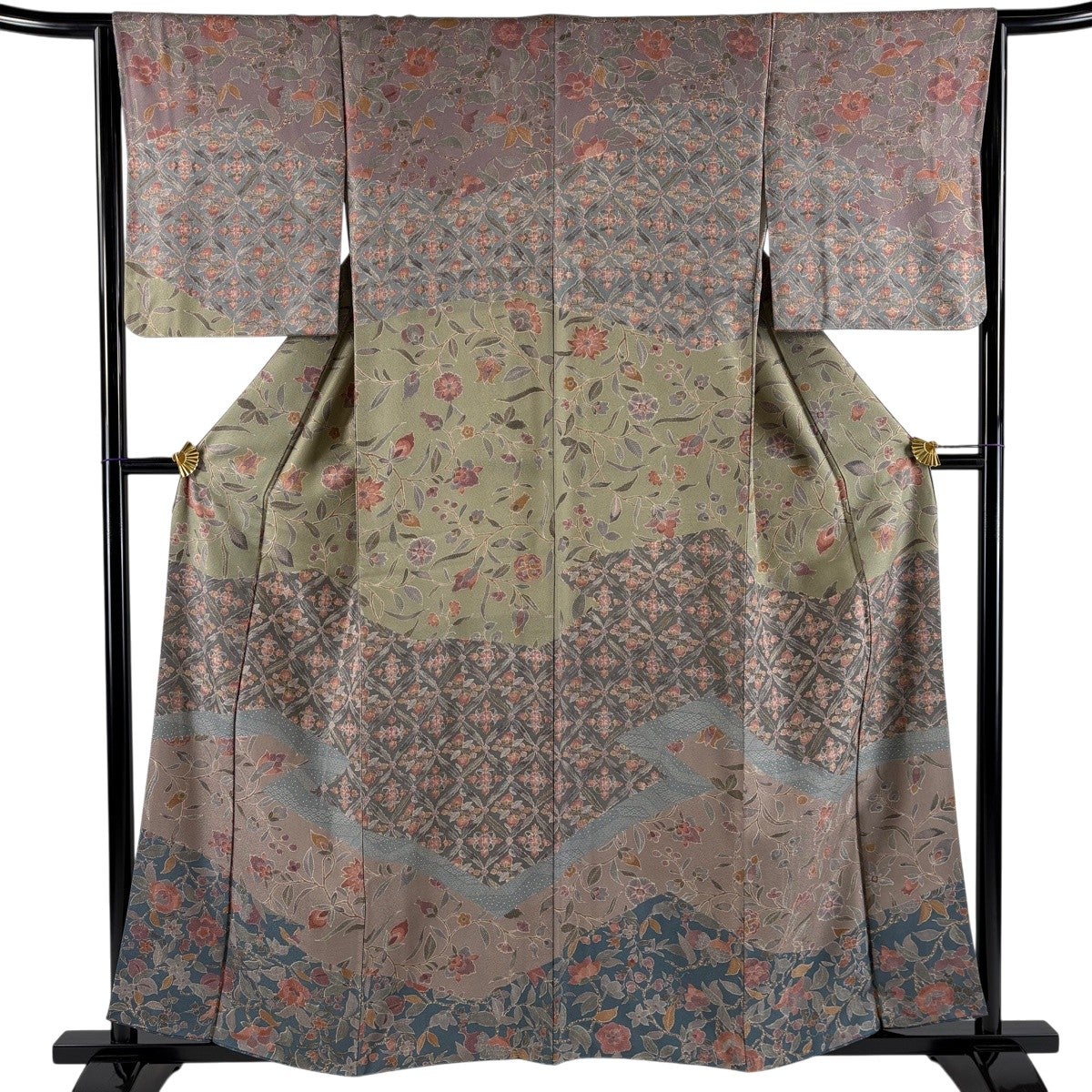 訪問着 身丈159.5cm 裄丈67cm M 袷 落款あり 草花 染め分け ぼかし 灰