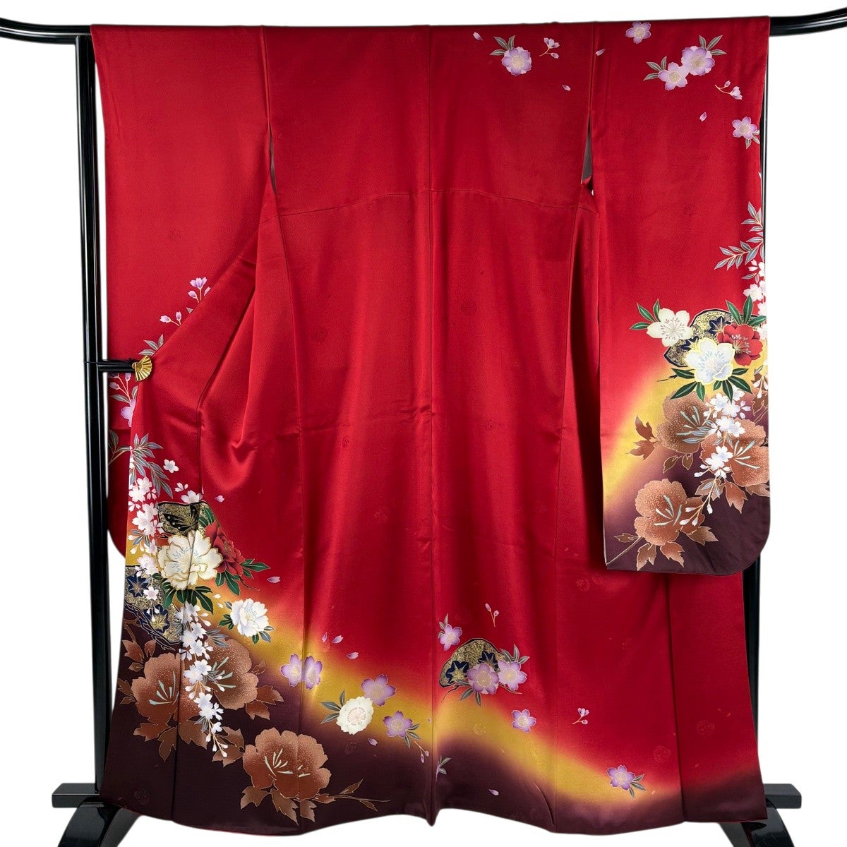 振袖 身丈163cm 裄丈67cm M 袷 枝花 藤 金彩 赤紫 正絹 秀品｜中古