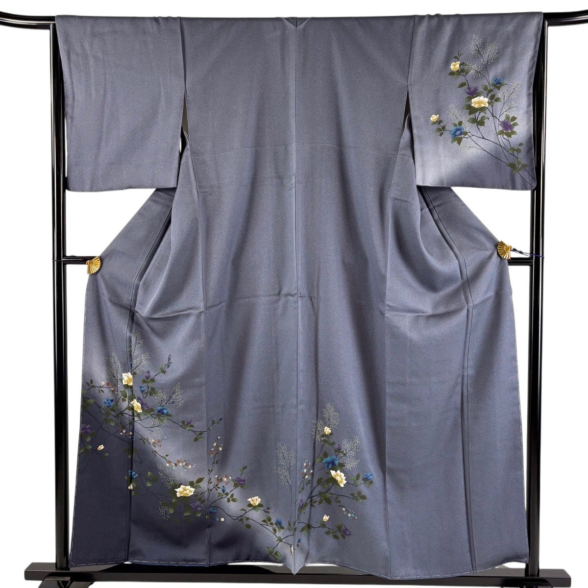訪問着 身丈151cm 裄丈64.5cm M 袷 蝶 葉柄 絞り 金彩 黒 正絹 秀品