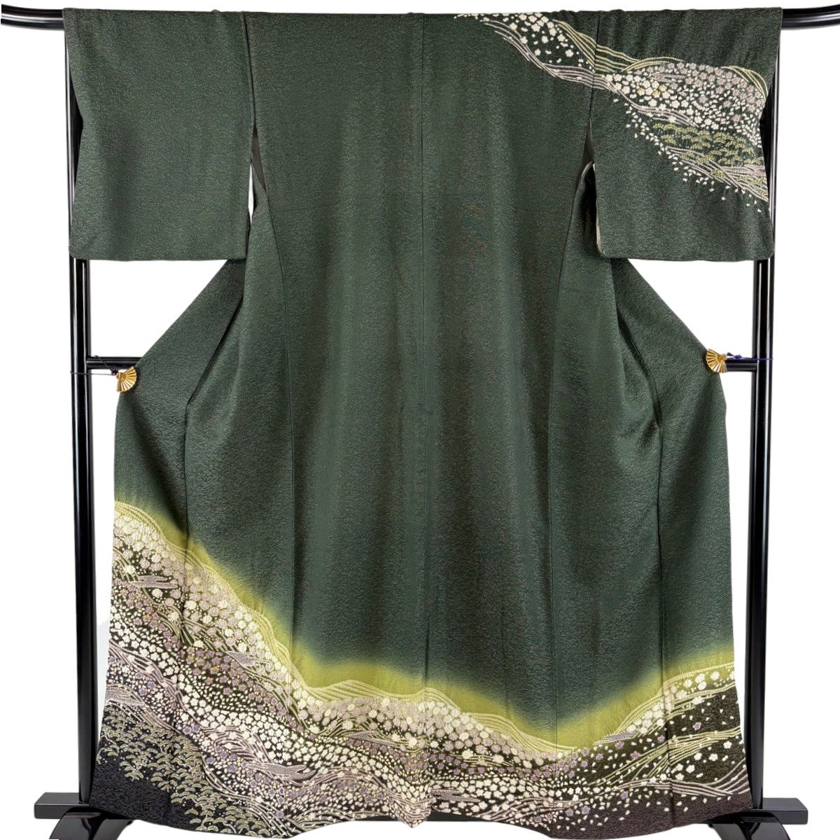訪問着 身丈167.5cm 裄丈69cm L 袷 松竹梅 金通し 絞り 深緑 正絹 逸品