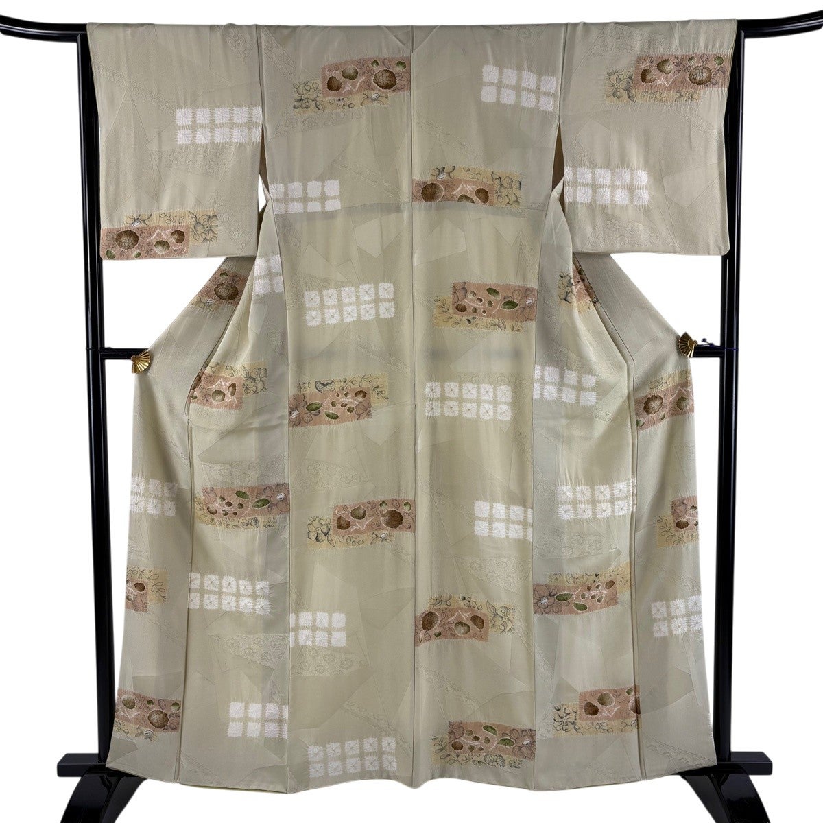 小紋 身丈160.5cm 裄丈65cm M 袷 草花 地紋 絞り 灰緑 正絹 秀品｜中古