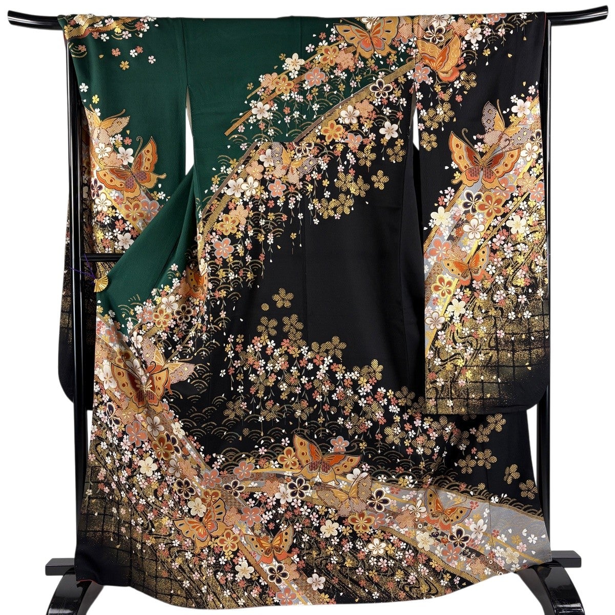 振袖 身丈166.5cm 裄丈68cm L 袷 蝶 梅 金糸 金彩 深緑 正絹 秀品
