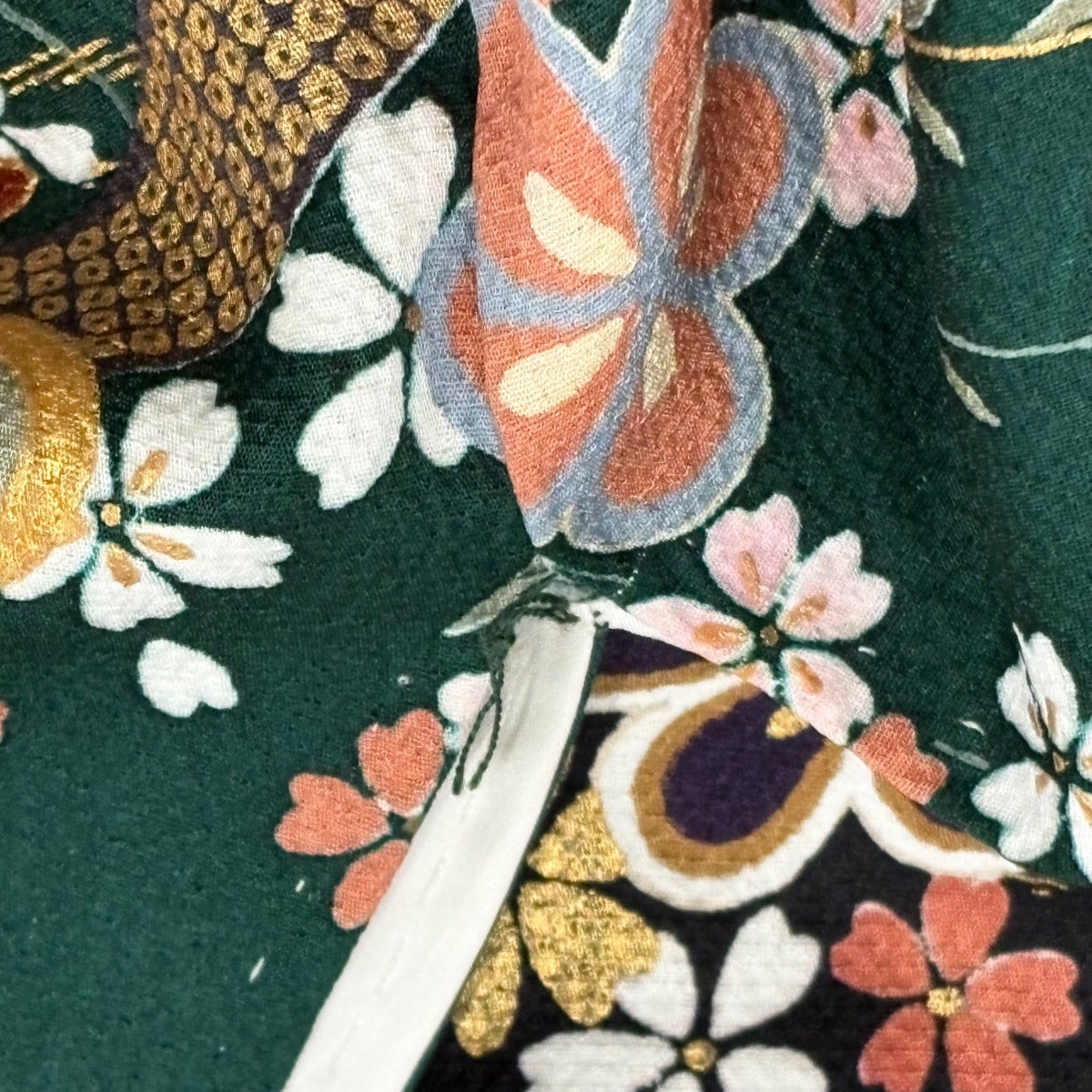 振袖 身丈166.5cm 裄丈68cm L 袷 蝶 梅 金糸 金彩 深緑 正絹 秀品