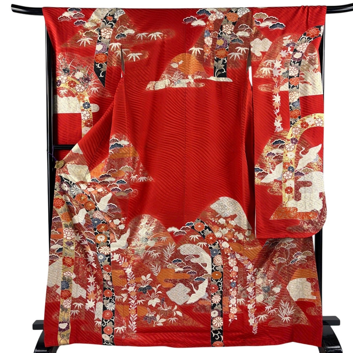 振袖 身丈168.5cm 裄丈67cm M 袷 鶴 松竹梅 金糸 金彩 赤 正絹 秀品